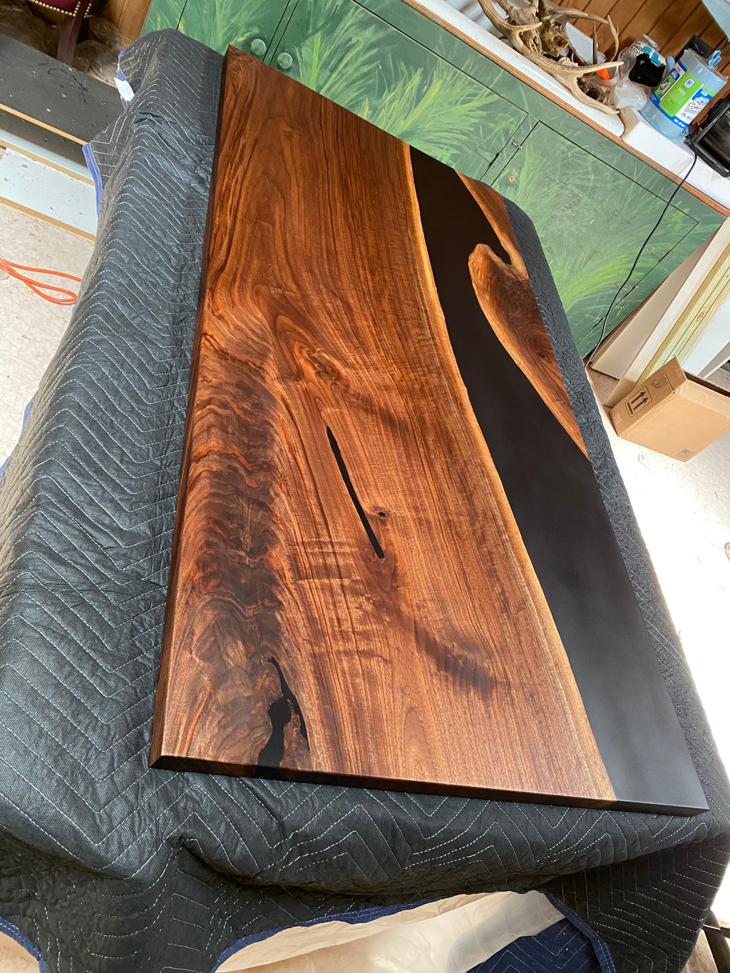 The Black Spade - Walnut Epoxy River Table / Black Epoxy Walnut River Table With Electric Flexispot Sit Down Stand Up Table Base - Table Base Options