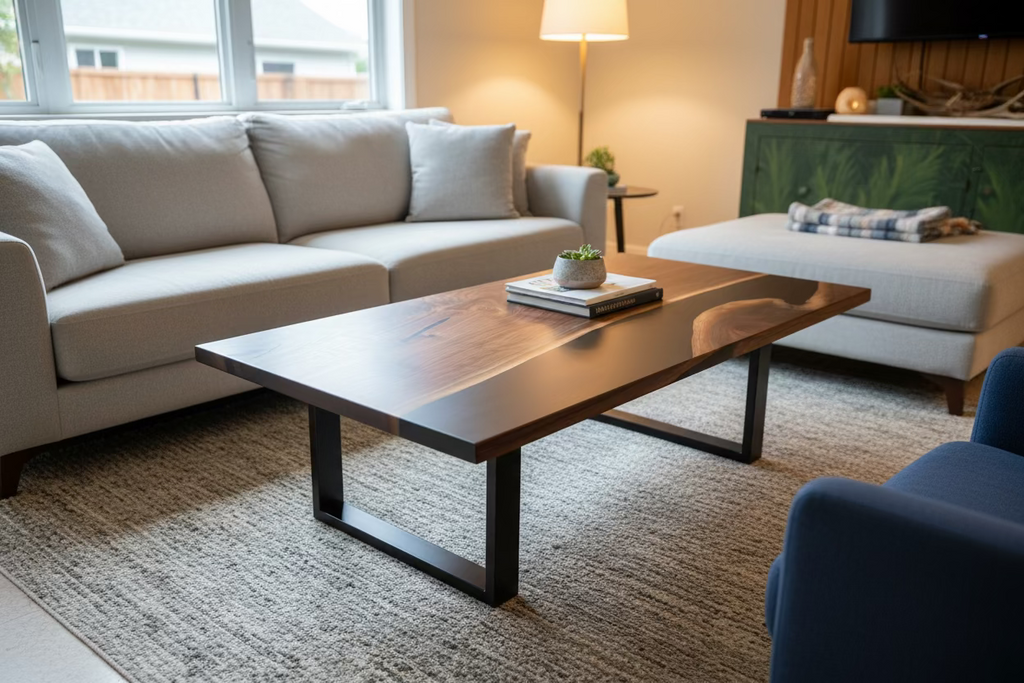 The Black Spade - Walnut Epoxy River Table / Black Epoxy Walnut River Table With Electric Flexispot Sit Down Stand Up Table Base - Table Base Options