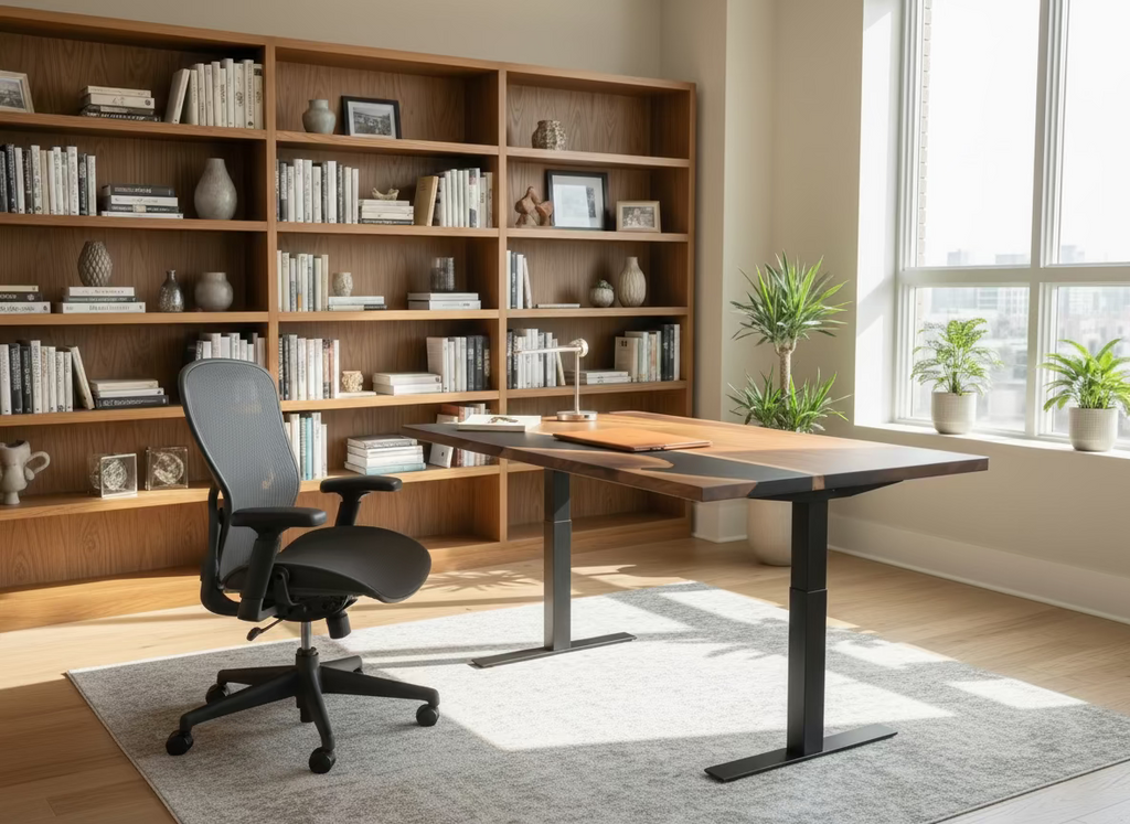 The Black Spade - Walnut Epoxy River Table / Black Epoxy Walnut River Table With Electric Flexispot Sit Down Stand Up Table Base - Table Base Options