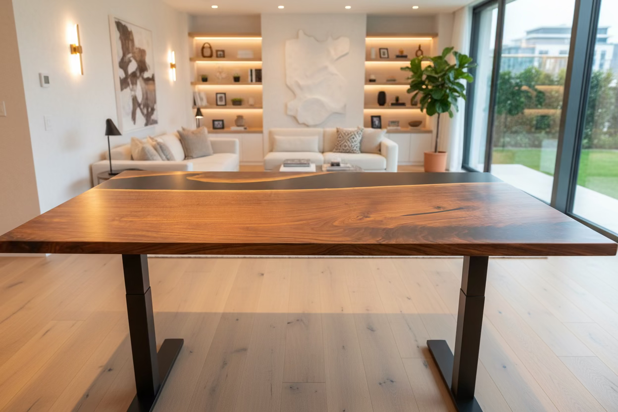 The Black Spade - Walnut Epoxy River Table / Black Epoxy Walnut River Table With Electric Flexispot Sit Down Stand Up Table Base - Table Base Options