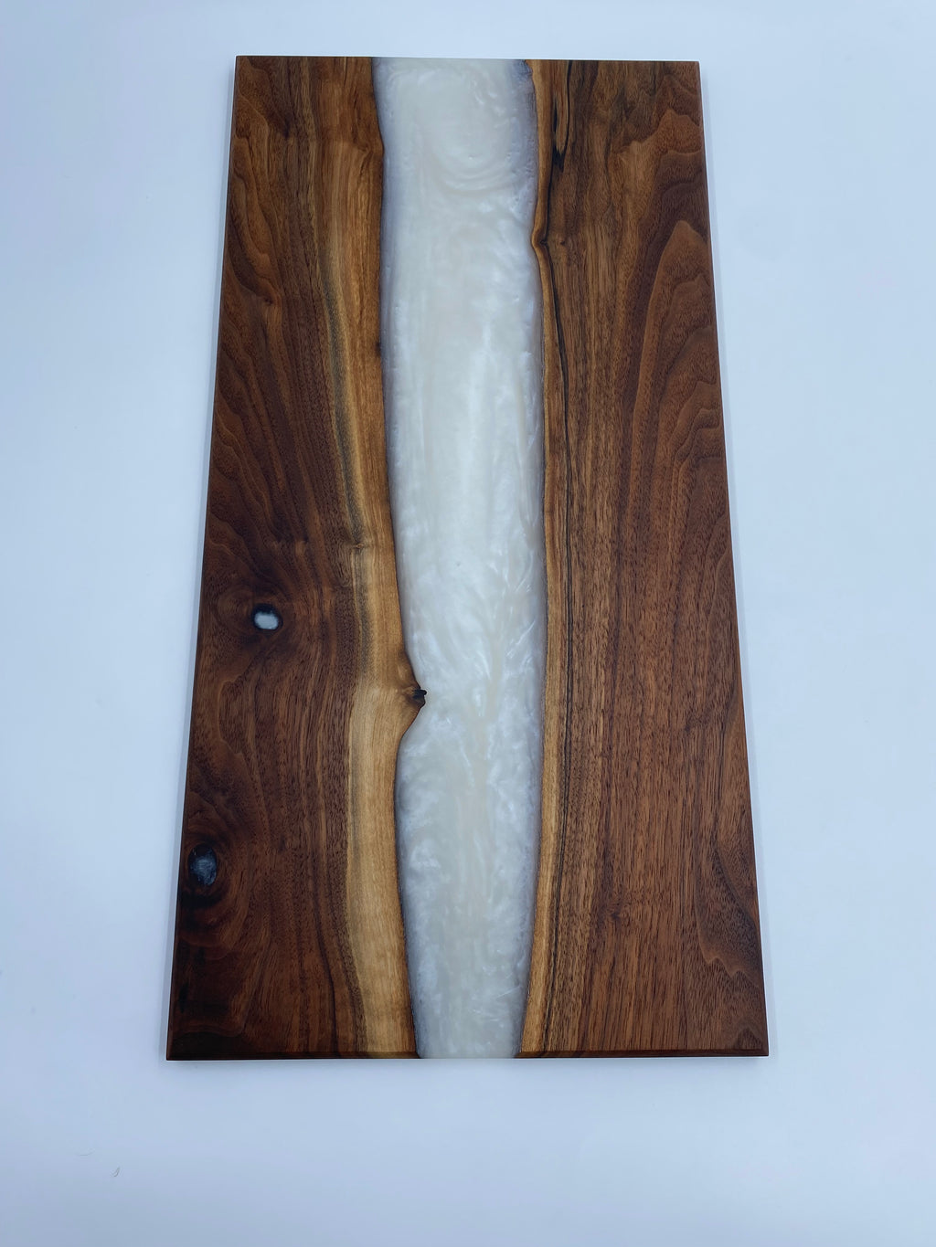 Handmade Live Edge Walnut Epoxy River Charcuterie Board - Pearl White Pigmented Resin Serving Tray - 12" x 24" x 3/4"