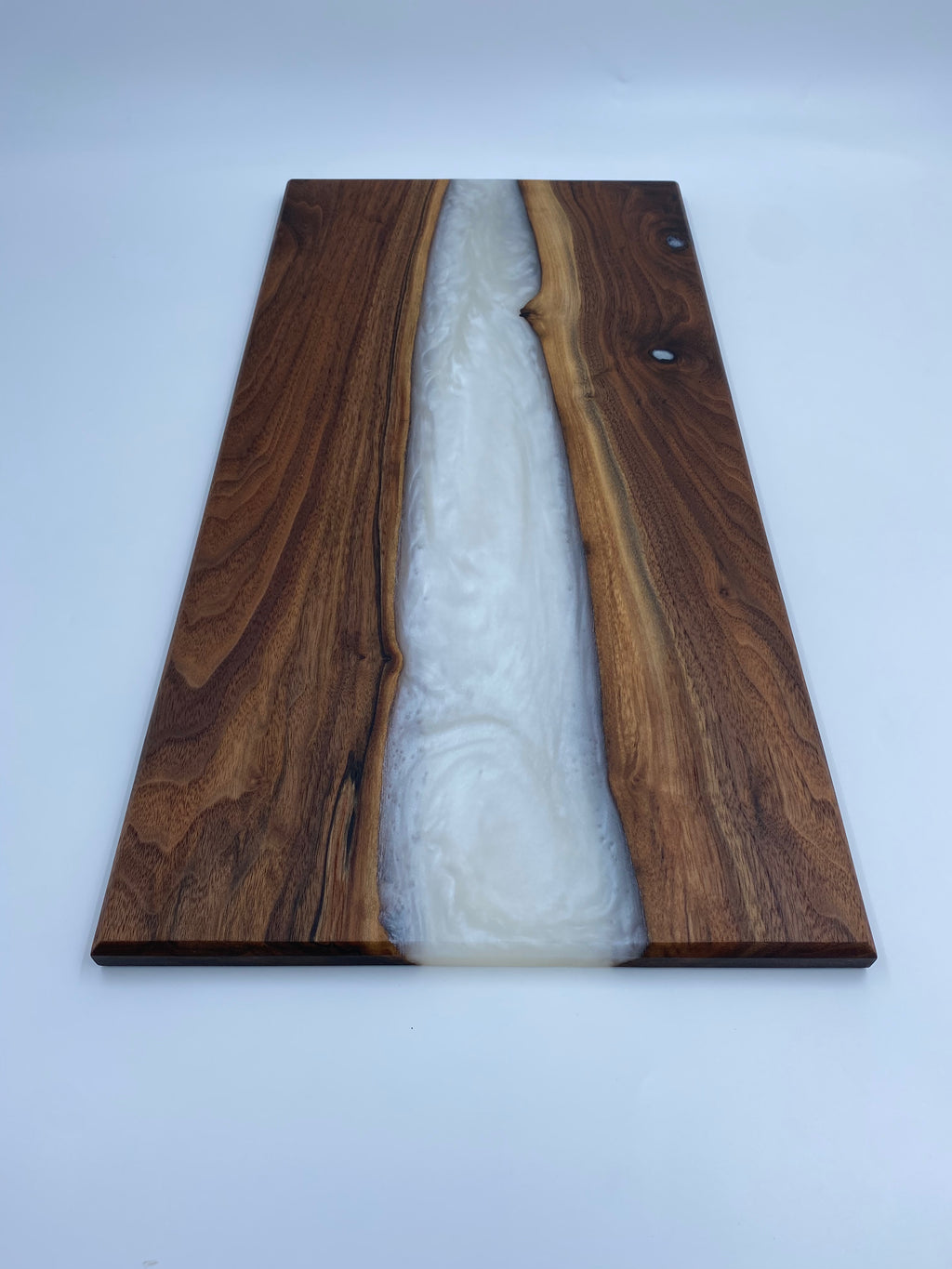 Handmade Live Edge Walnut Epoxy River Charcuterie Board - Pearl White Pigmented Resin Serving Tray - 12" x 24" x 3/4"