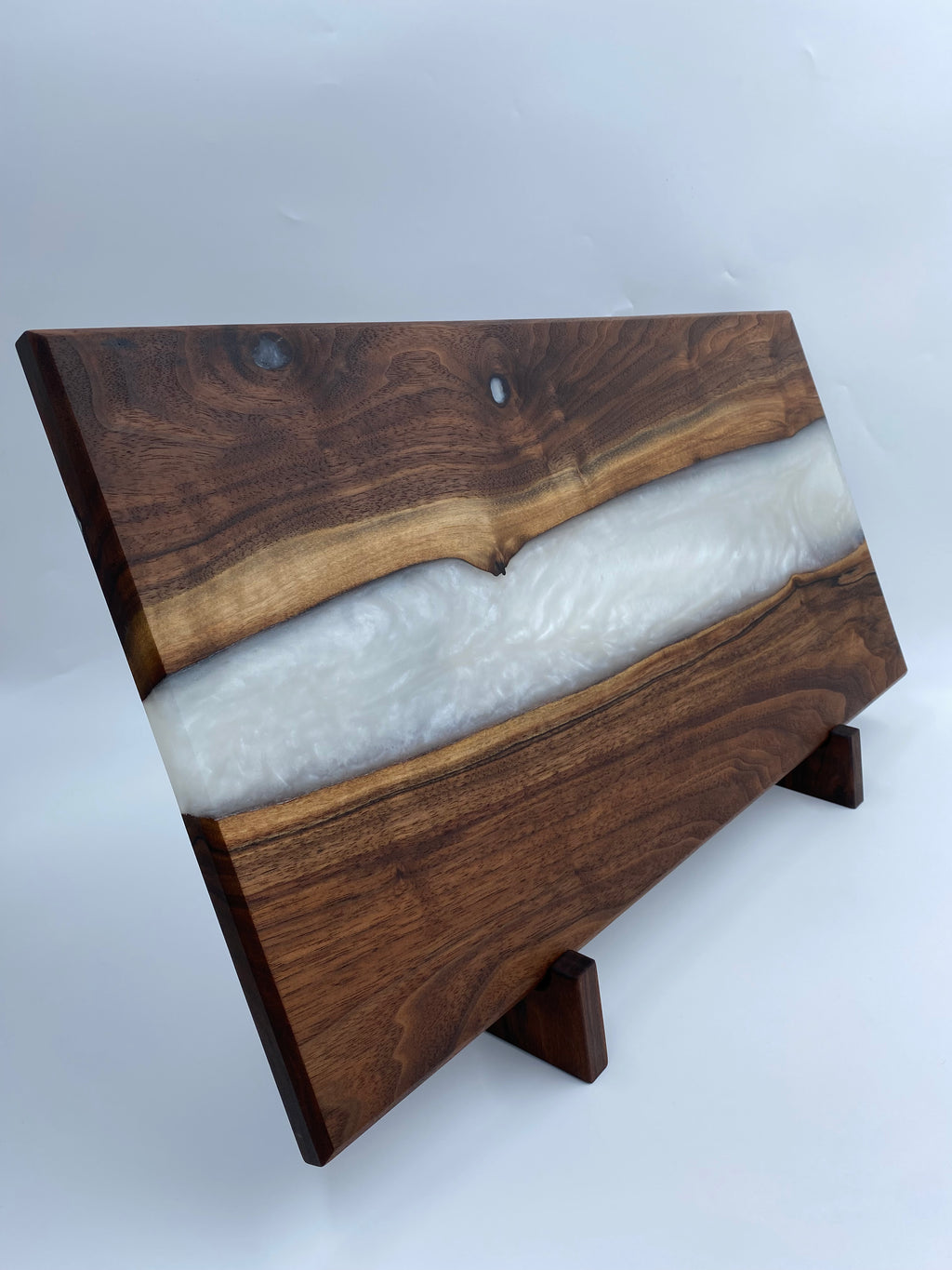 Handmade Live Edge Walnut Epoxy River Charcuterie Board - Pearl White Pigmented Resin Serving Tray - 12" x 24" x 3/4"