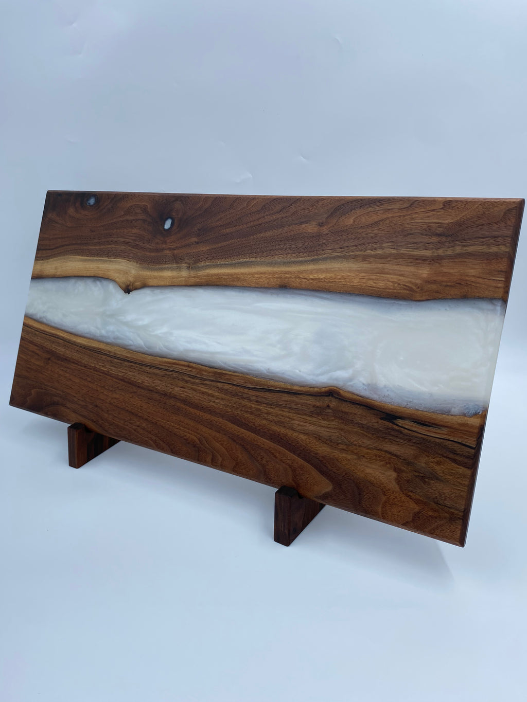 Handmade Live Edge Walnut Epoxy River Charcuterie Board - Pearl White Pigmented Resin Serving Tray - 12" x 24" x 3/4"