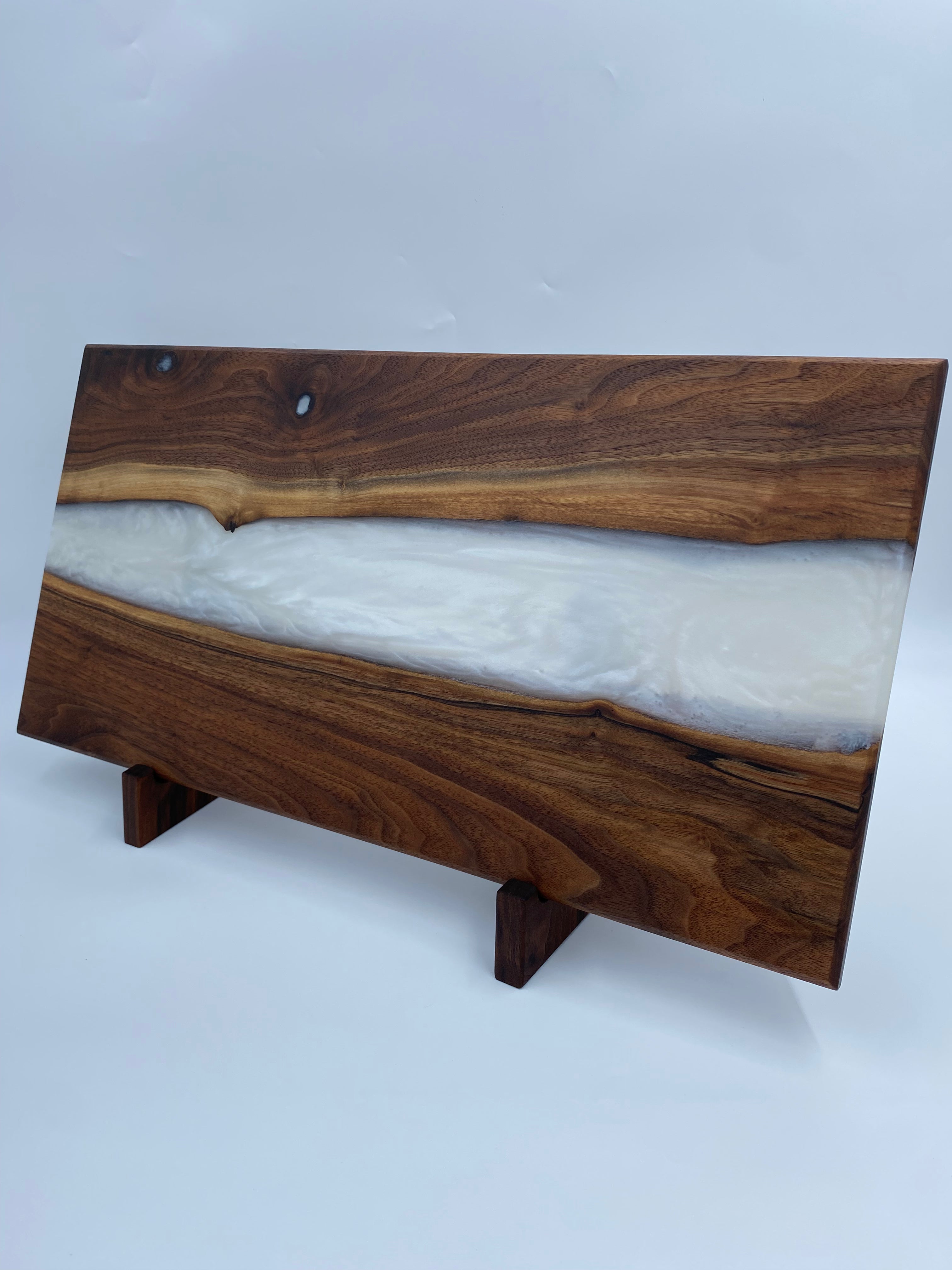 Handmade Live Edge Walnut Epoxy River Charcuterie Board - Pearl White Pigmented Resin Serving Tray - 12" x 24" x 3/4"