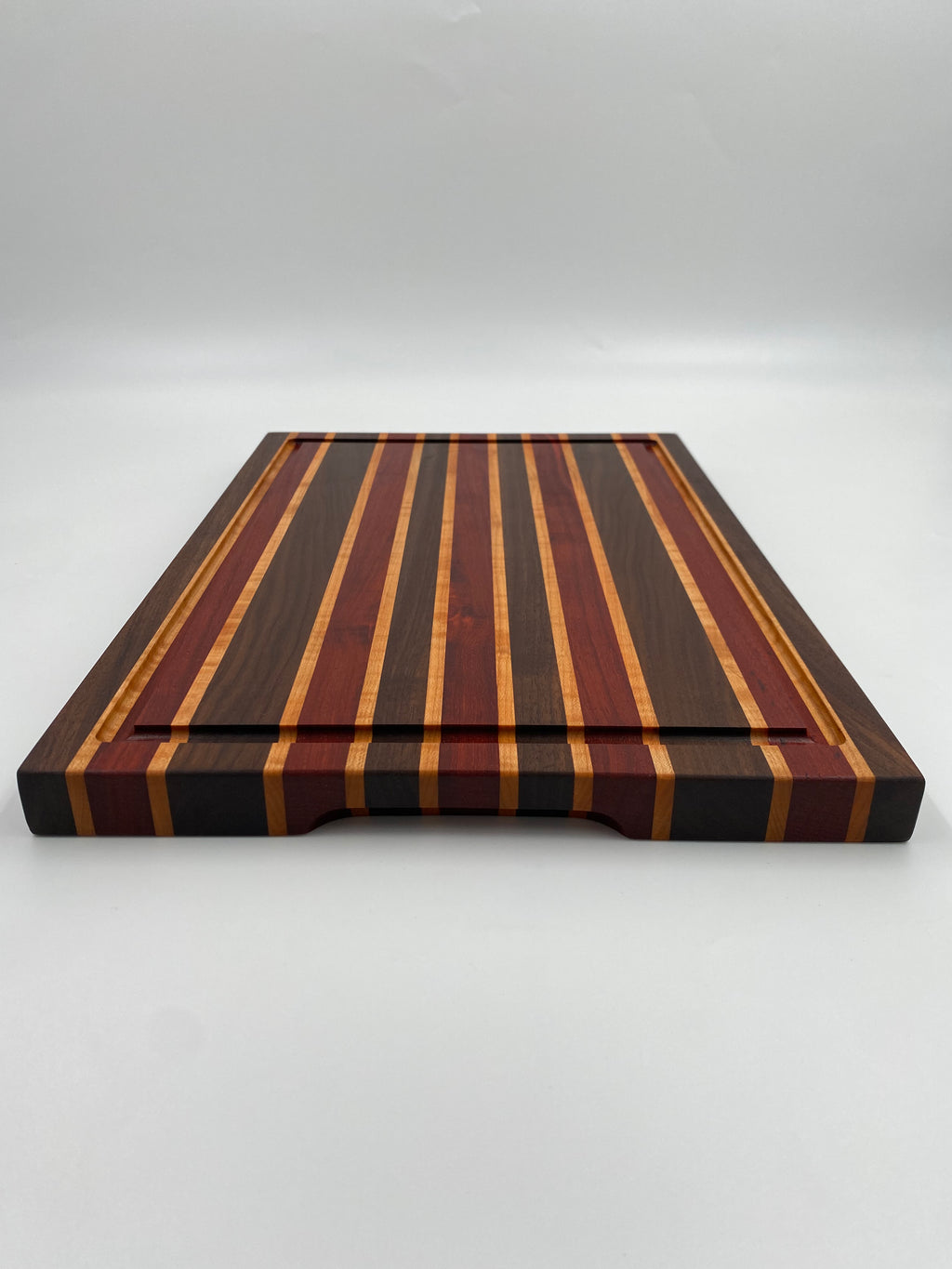 Handmade Paduak, Walnut and Maple Edge Grain Cutting Board with Juice Groove and Handles - 12x18x1.25 Inch Charcuterie Serving Board