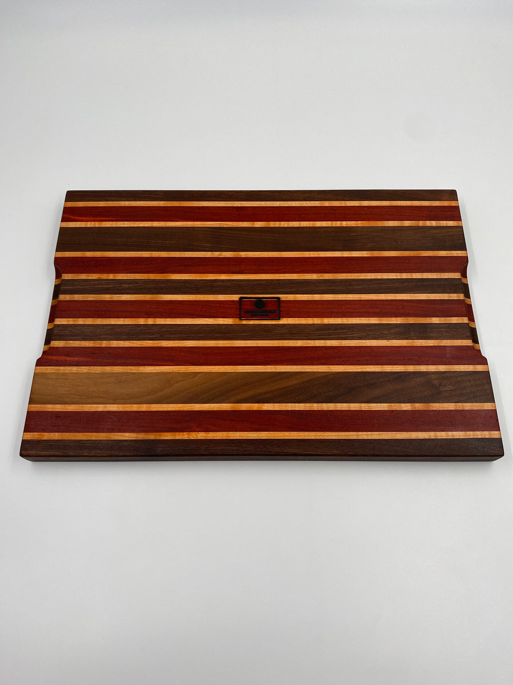 Handmade Paduak, Walnut and Maple Edge Grain Cutting Board with Juice Groove and Handles - 12x18x1.25 Inch Charcuterie Serving Board