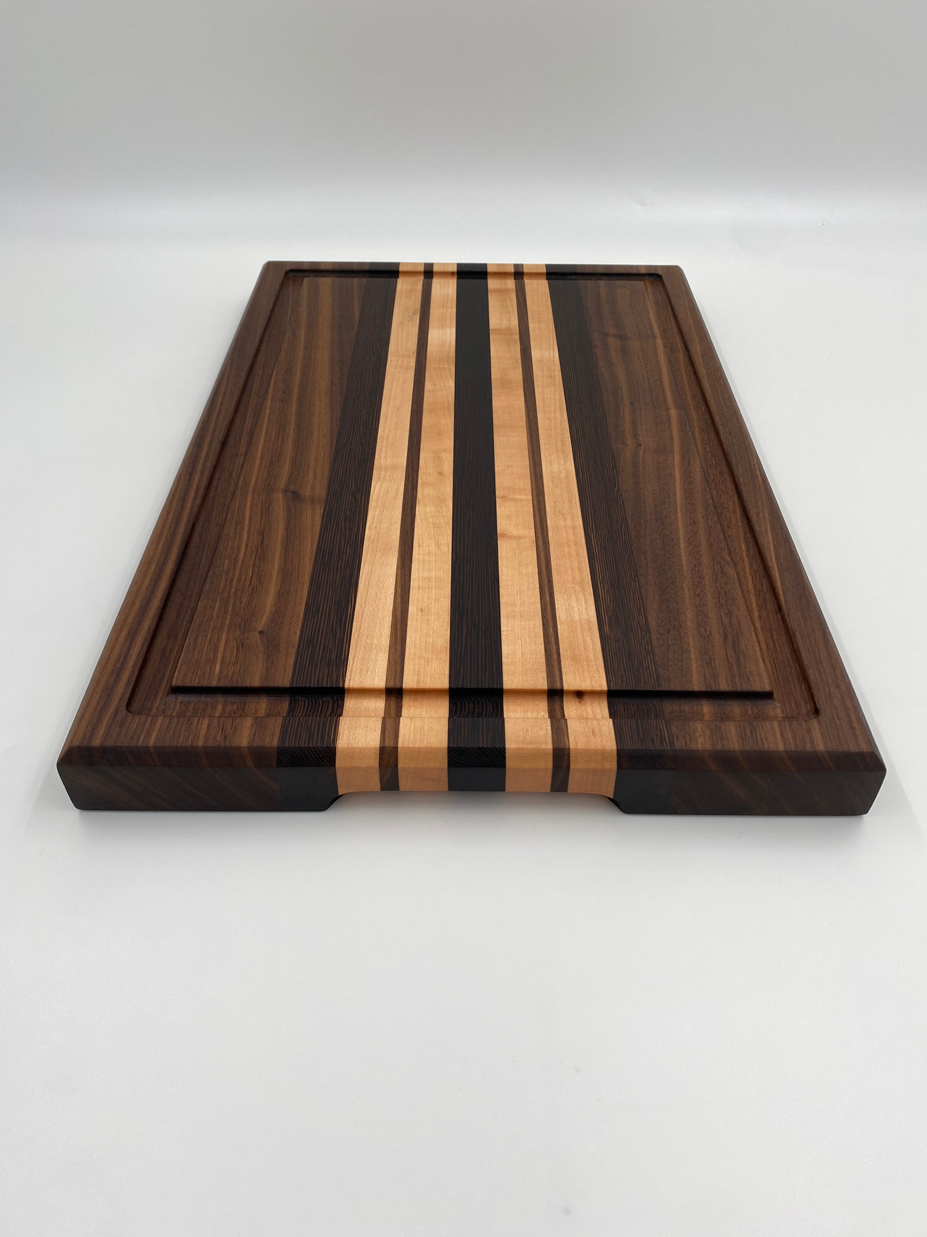 Handmade Exotic Wenge, Walnut, and Maple Edge Grain Cutting Board with Juice Groove and Handles - 12 x 18 x 1.25 Inch  Charcuterie Serving Board