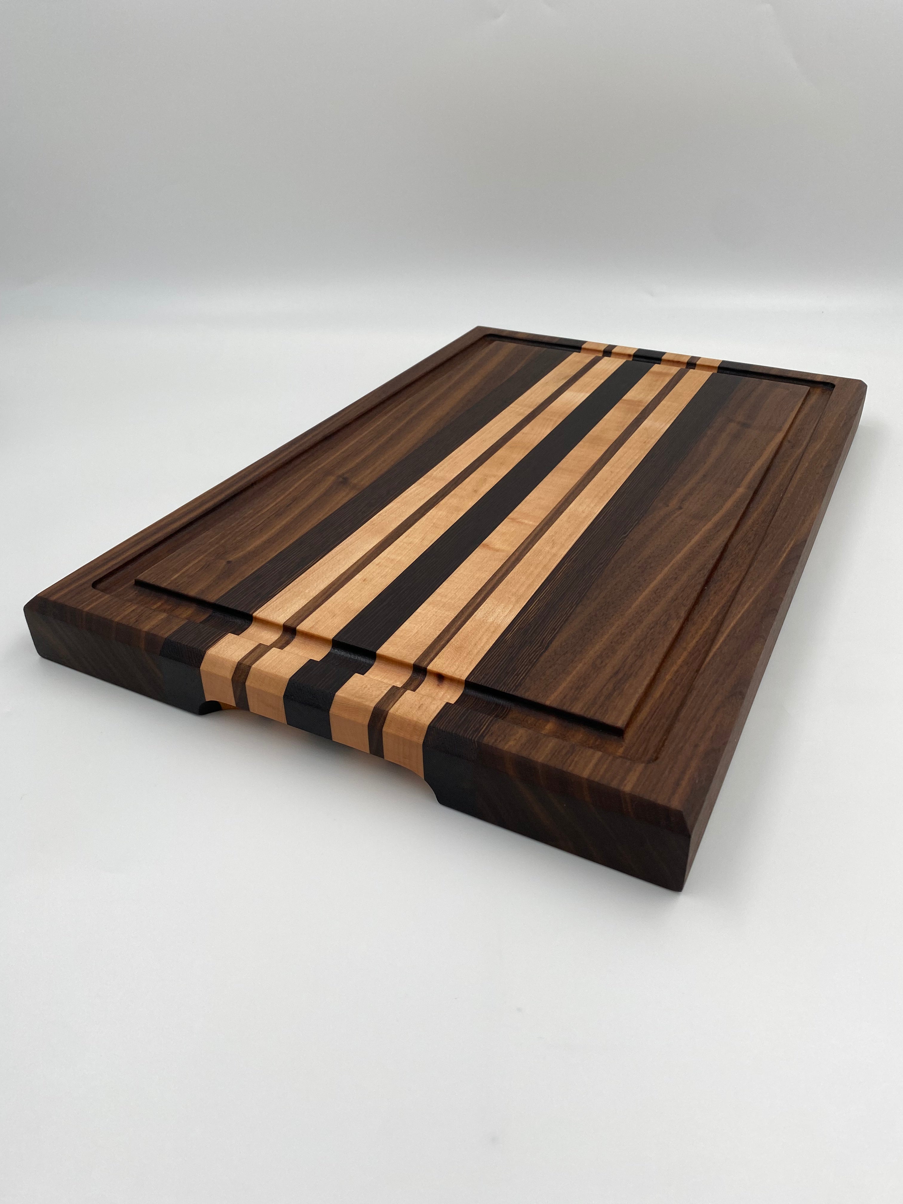 Handmade Exotic Wenge, Walnut, and Maple Edge Grain Cutting Board with Juice Groove and Handles - 12 x 18 x 1.25 Inch  Charcuterie Serving Board