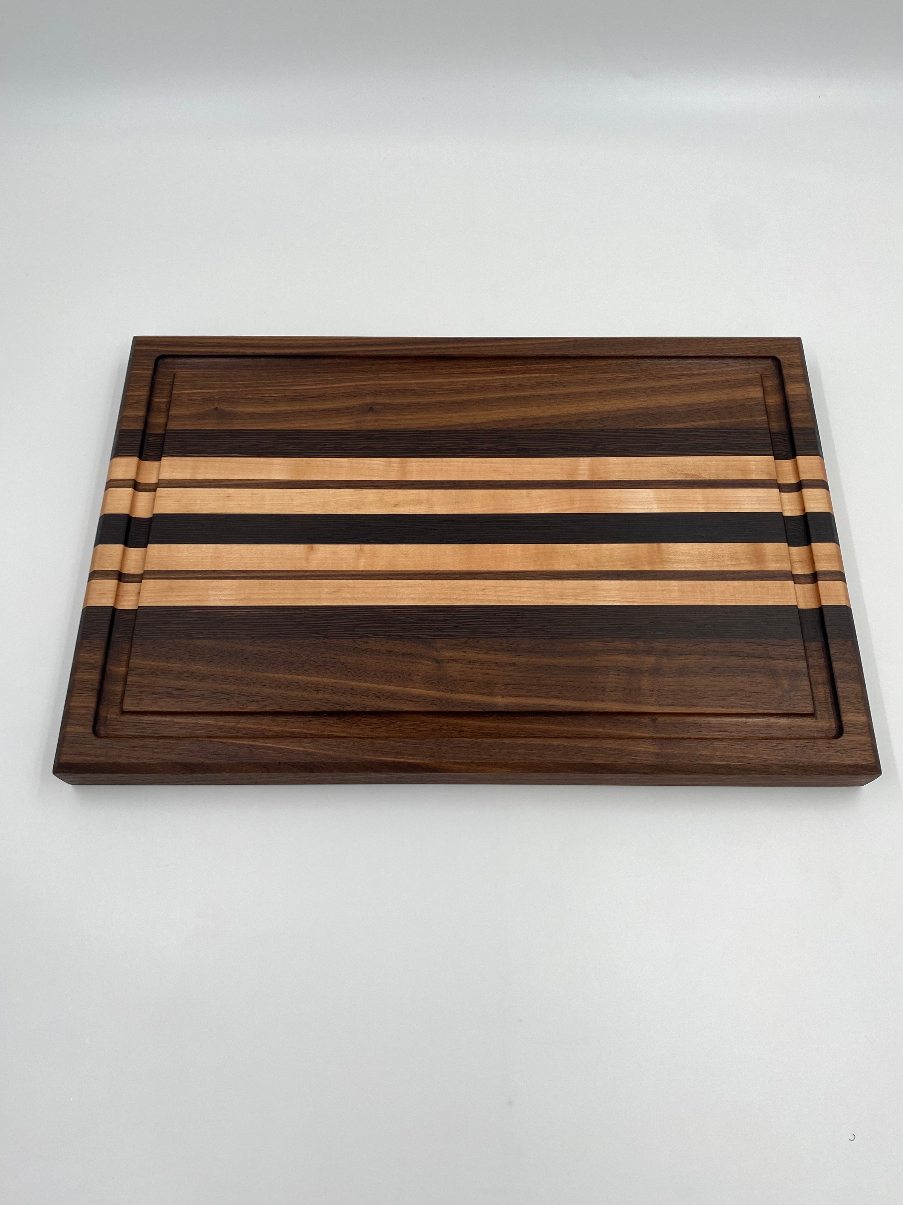 Handmade Exotic Wenge, Walnut, and Maple Edge Grain Cutting Board with Juice Groove and Handles - 12 x 18 x 1.25 Inch  Charcuterie Serving Board
