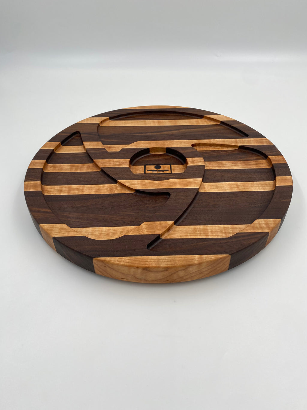 Premium Walnut and Maple Lazy Susan with Center Dip Bowl | 15" Diameter Handcrafted Wood Turntable Tray