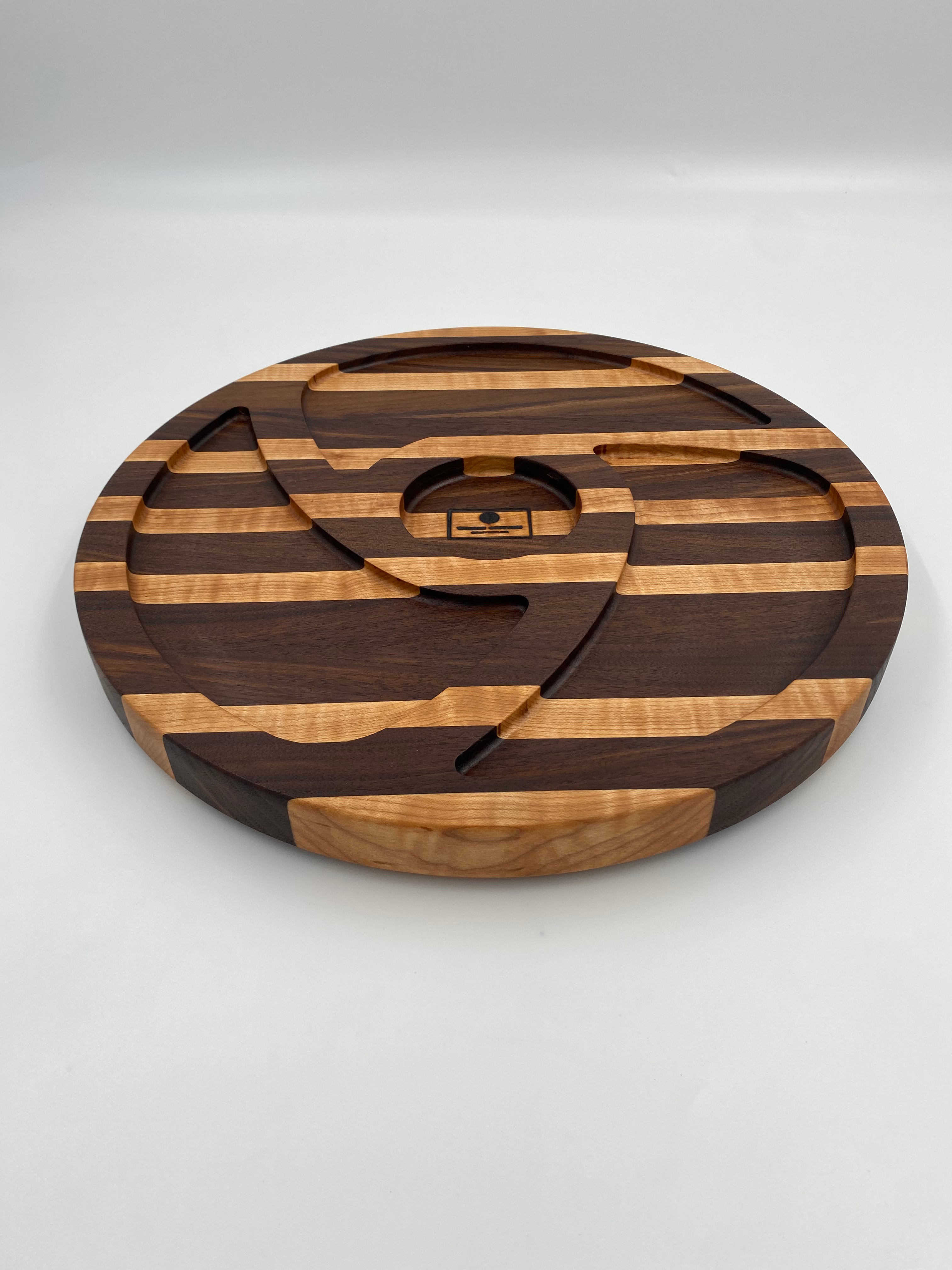 Premium Walnut and Maple Lazy Susan with Center Dip Bowl | 15" Diameter Handcrafted Wood Turntable Tray
