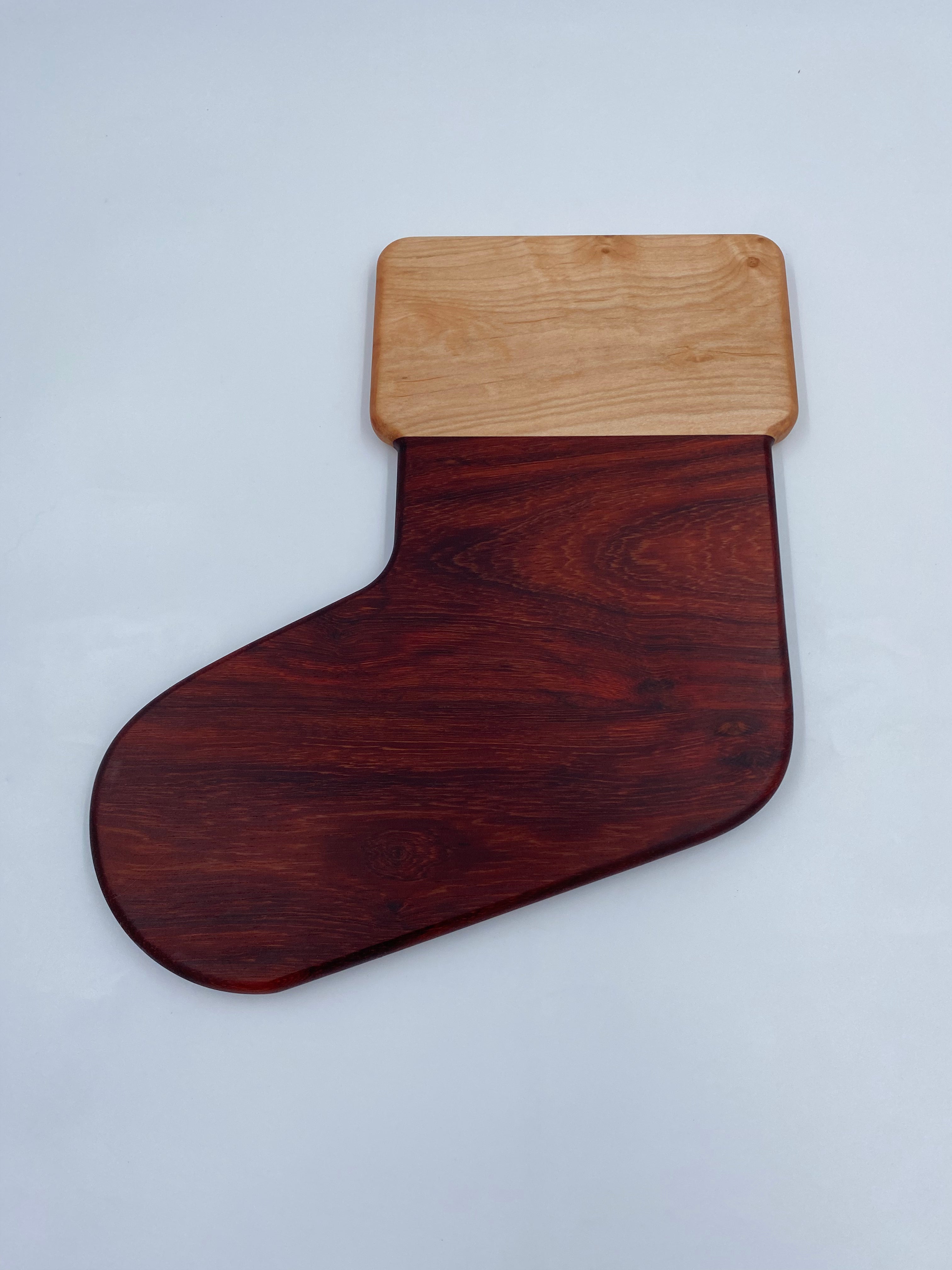 Handmade Paduak and Maple Christmas Stocking Shaped Cutting Board - Festive Charcuterie Serving Tray - 13" x 11.25" x 3/4"