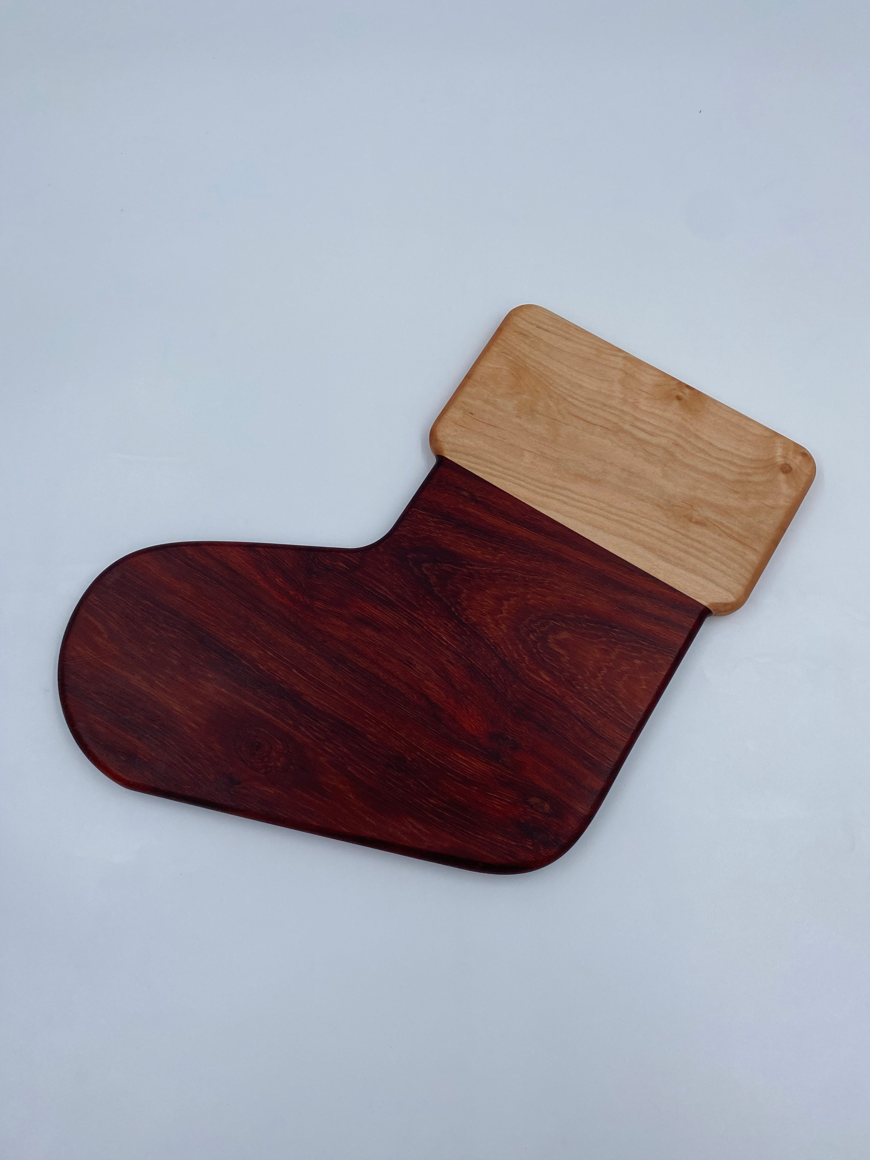 Handmade Paduak and Maple Christmas Stocking Shaped Cutting Board - Festive Charcuterie Serving Tray - 13" x 11.25" x 3/4"