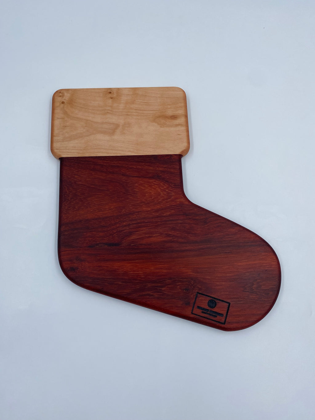 Handmade Paduak and Maple Christmas Stocking Shaped Cutting Board - Festive Charcuterie Serving Tray - 13" x 11.25" x 3/4"