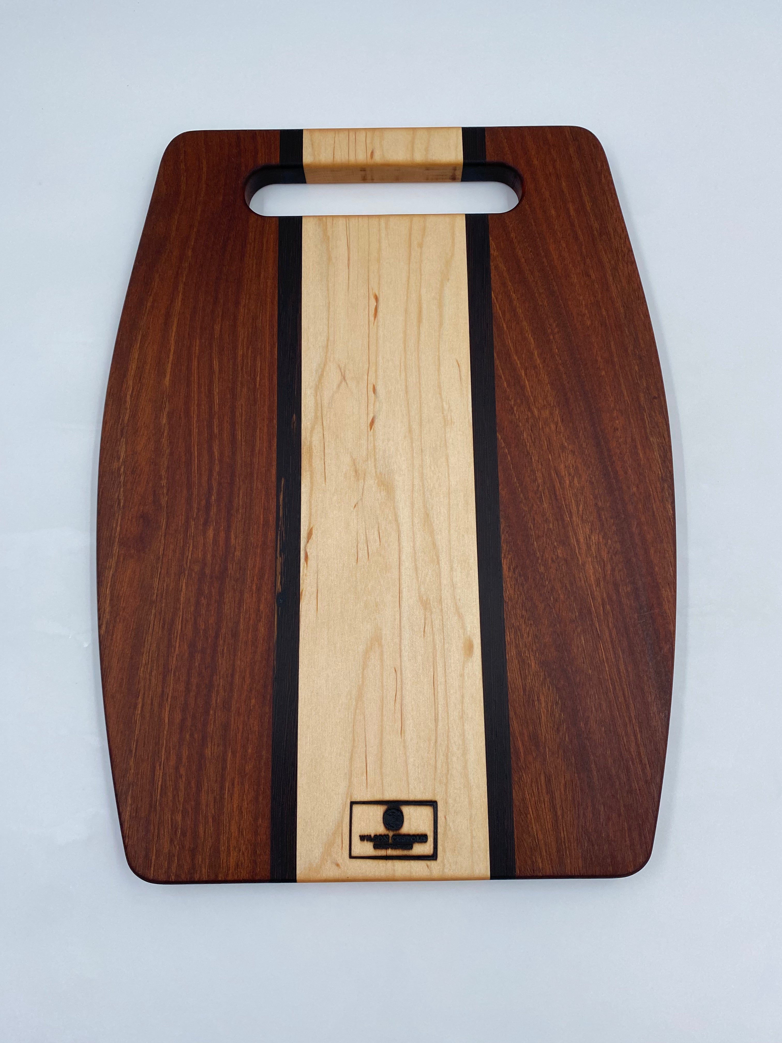 Handmade Exotic Wood Cutting Board - Sapele, Wenge, and Maple with Handle - 12" x 16" Inch Charcuterie Serving Board