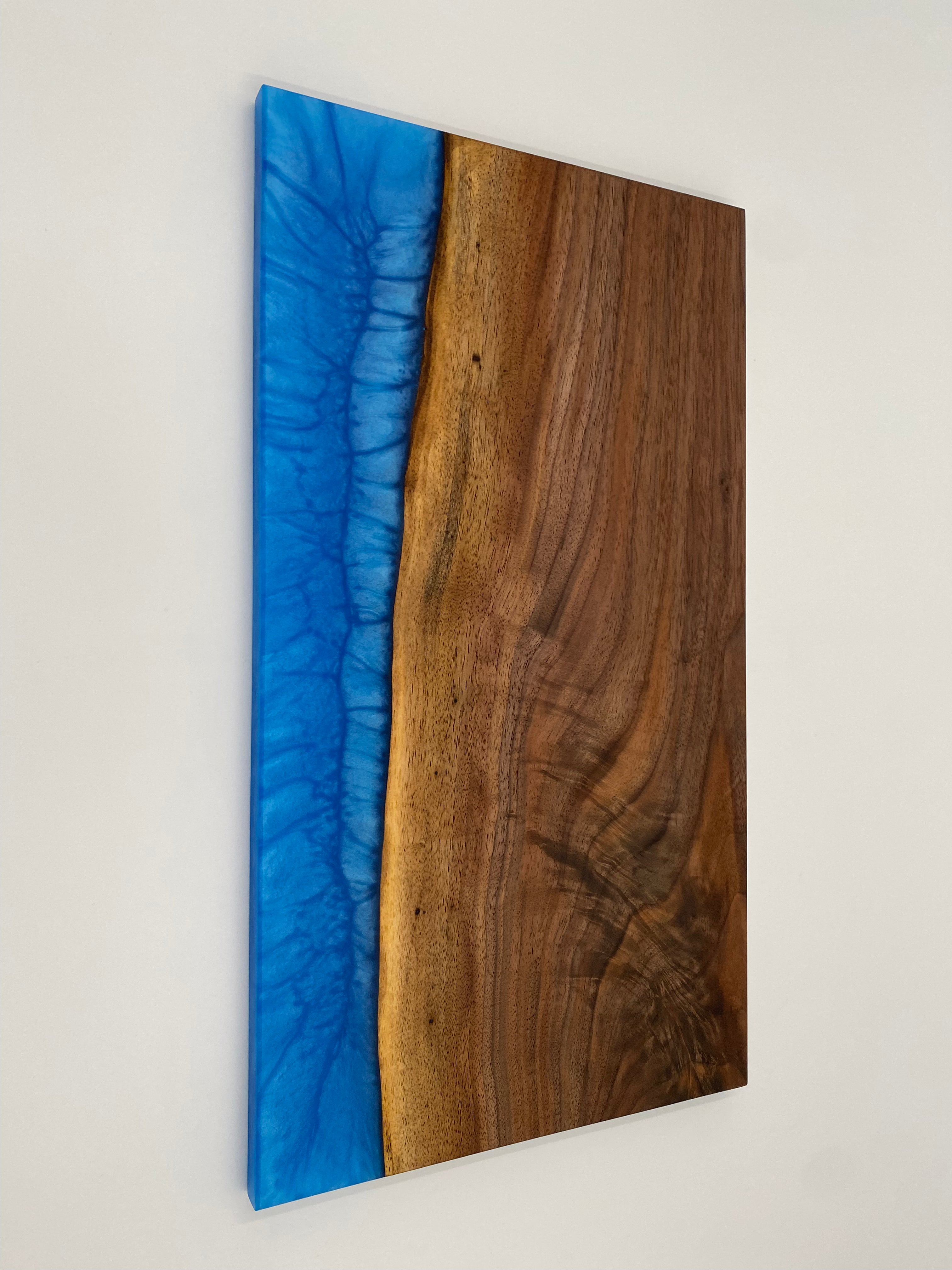 Handmade Figured Walnut Epoxy River Charcuterie Board - Caribbean Blue Resin Live Edge Serving Tray - 10" x 18" x 3/4"