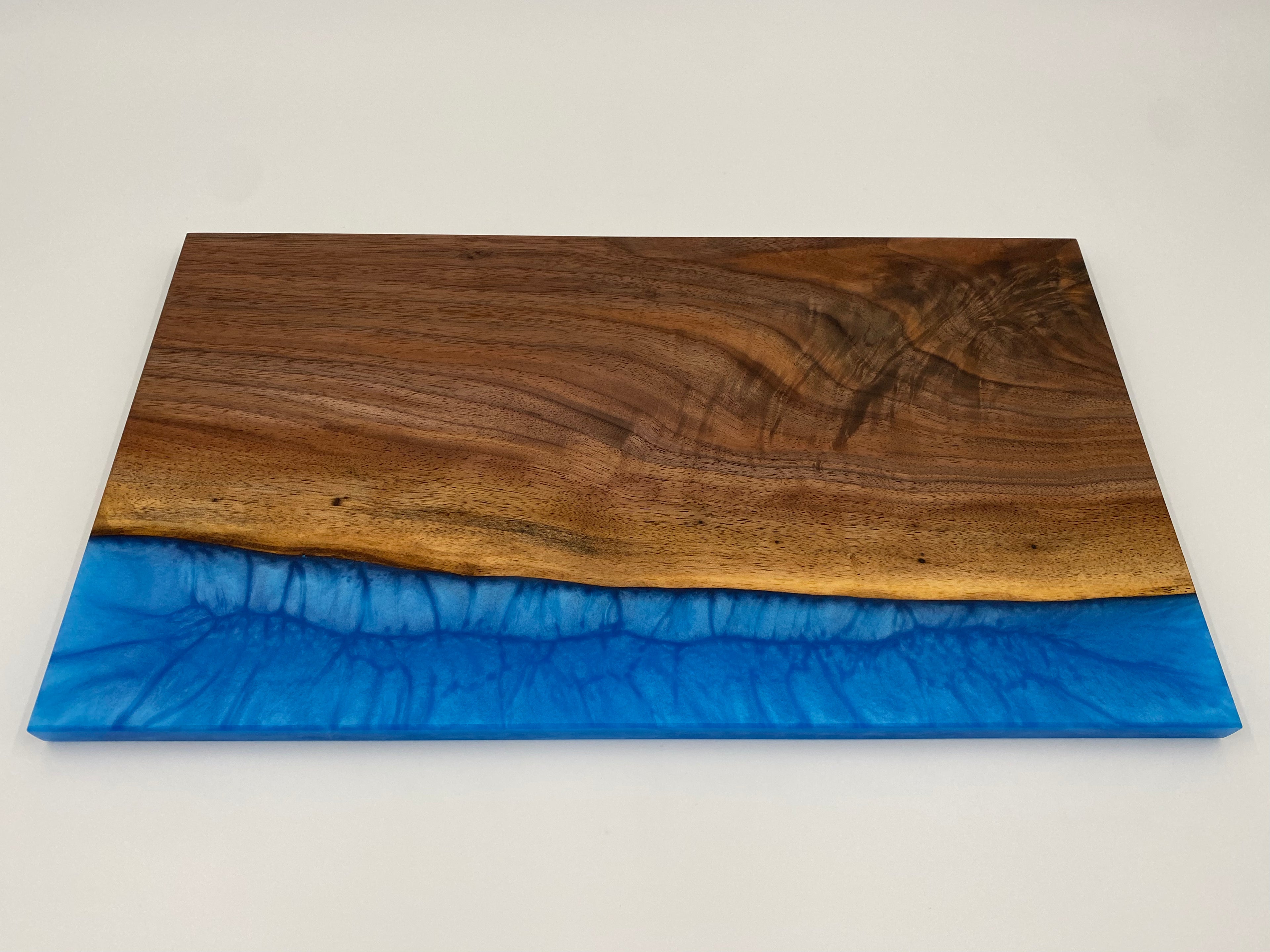 Handmade Figured Walnut Epoxy River Charcuterie Board - Caribbean Blue Resin Live Edge Serving Tray - 10" x 18" x 3/4"