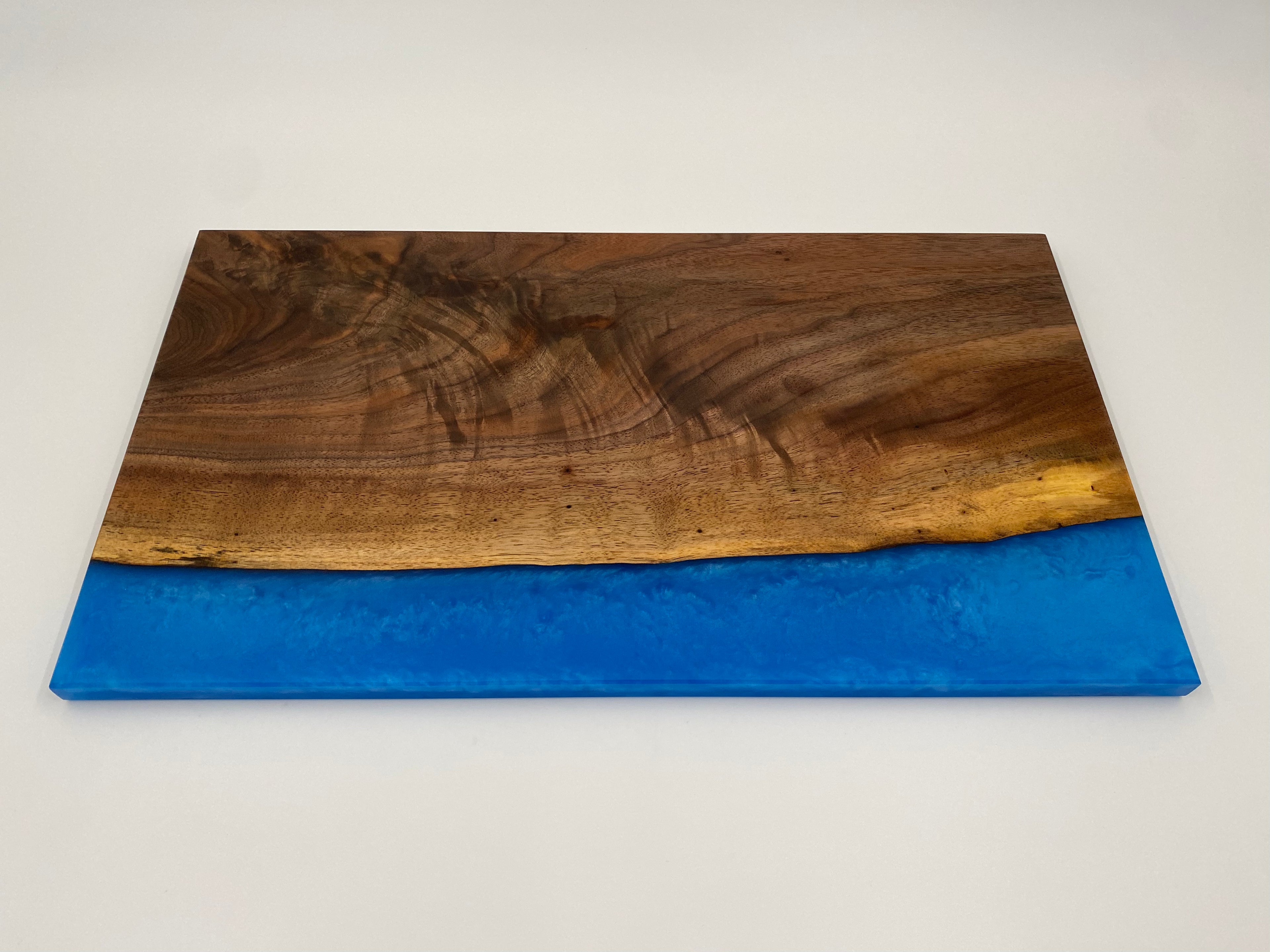 Handmade Figured Walnut Epoxy River Charcuterie Board - Caribbean Blue Resin Live Edge Serving Tray - 10" x 18" x 3/4"