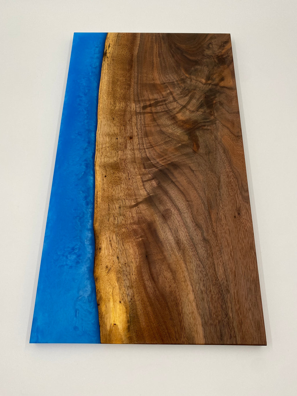 Handmade Figured Walnut Epoxy River Charcuterie Board - Caribbean Blue Resin Live Edge Serving Tray - 10" x 18" x 3/4"