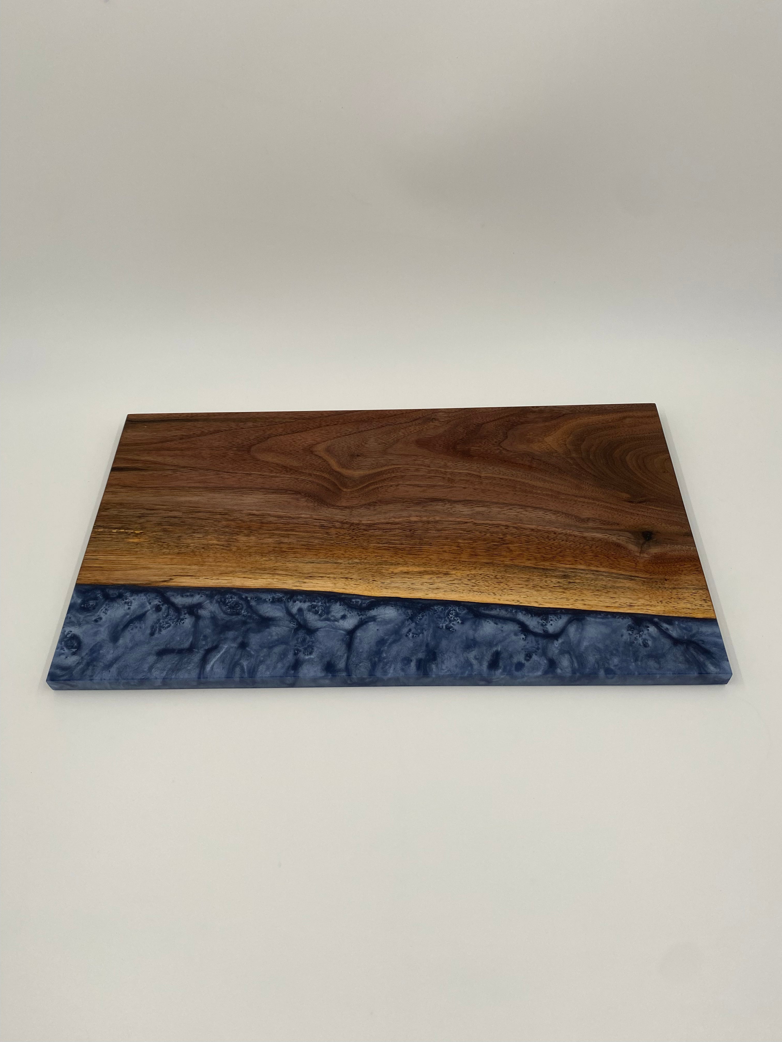 Walnut Epoxy River Charcuterie Board - Handmade Blue and Metallic Silver Resin Serving Tray (10" x 18")